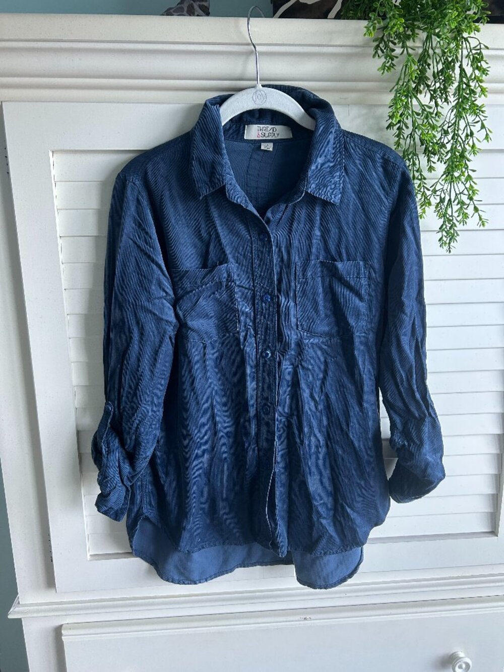 Thread & Supply Navy Blue Corduroy Long Sleeve Button Front Blouse